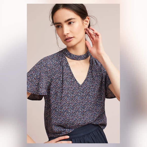 Anthropologie Tops - Anthropologie Navy Floral V-Neck Blouse with Choker